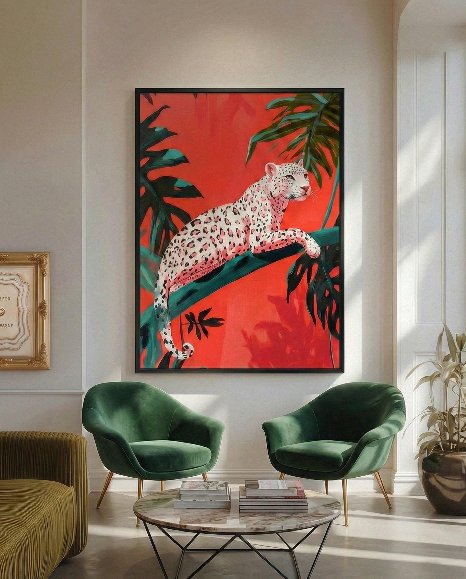 Snow Leopard in Red Tropical Jungle