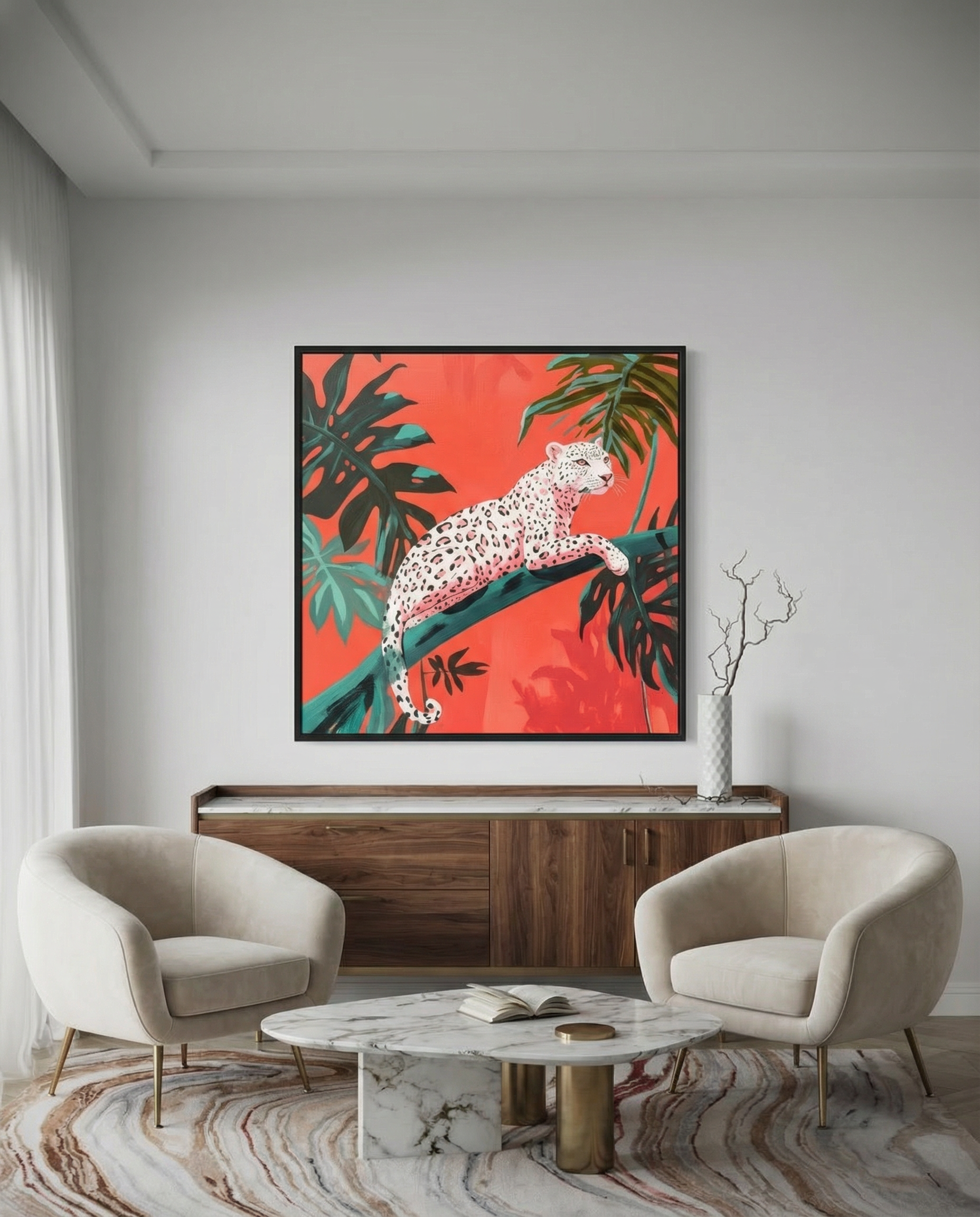 Snow Leopard in Red Tropical Jungle