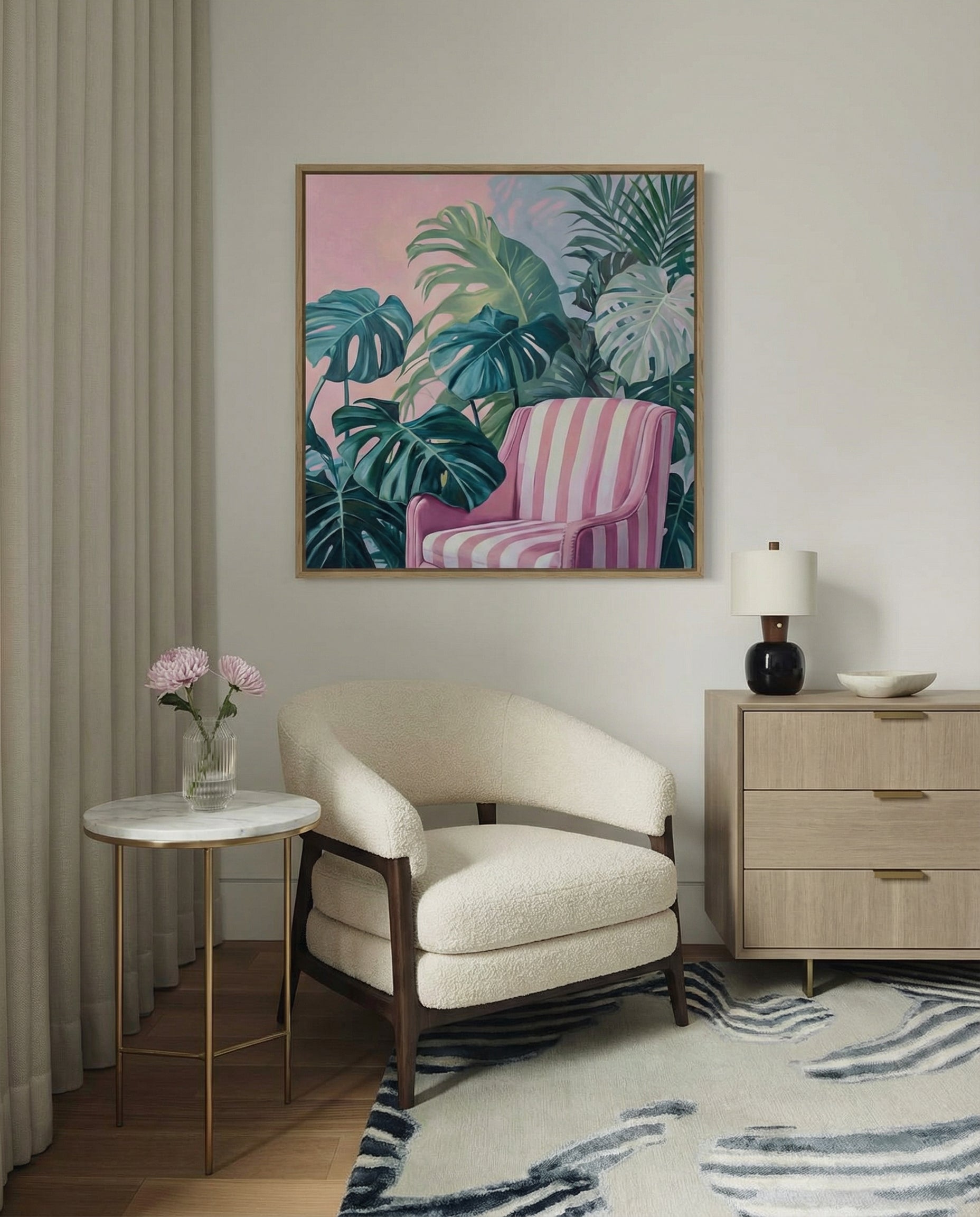 Tropical Greenery and Pink Sofa