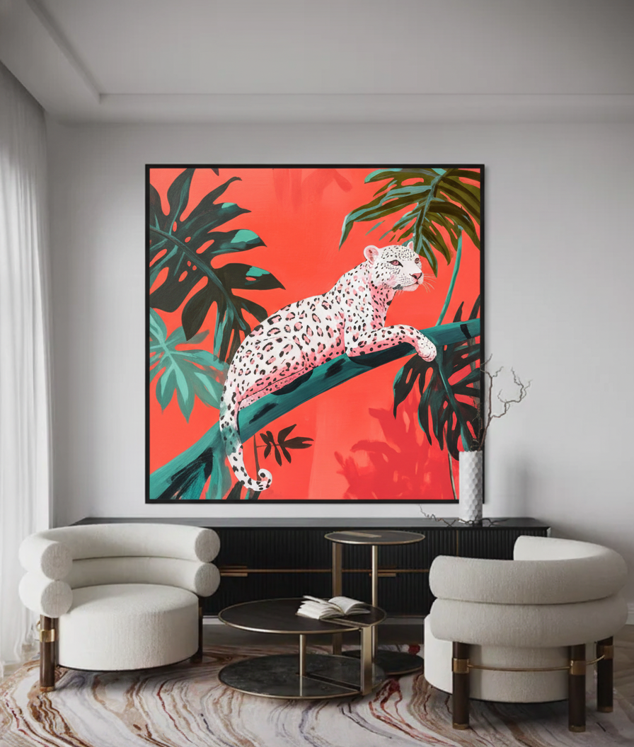 Snow Leopard in Red Tropical Jungle