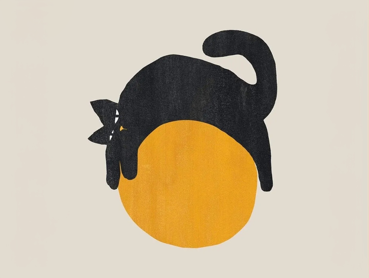 Black Cat and Orange Ball Illustrati