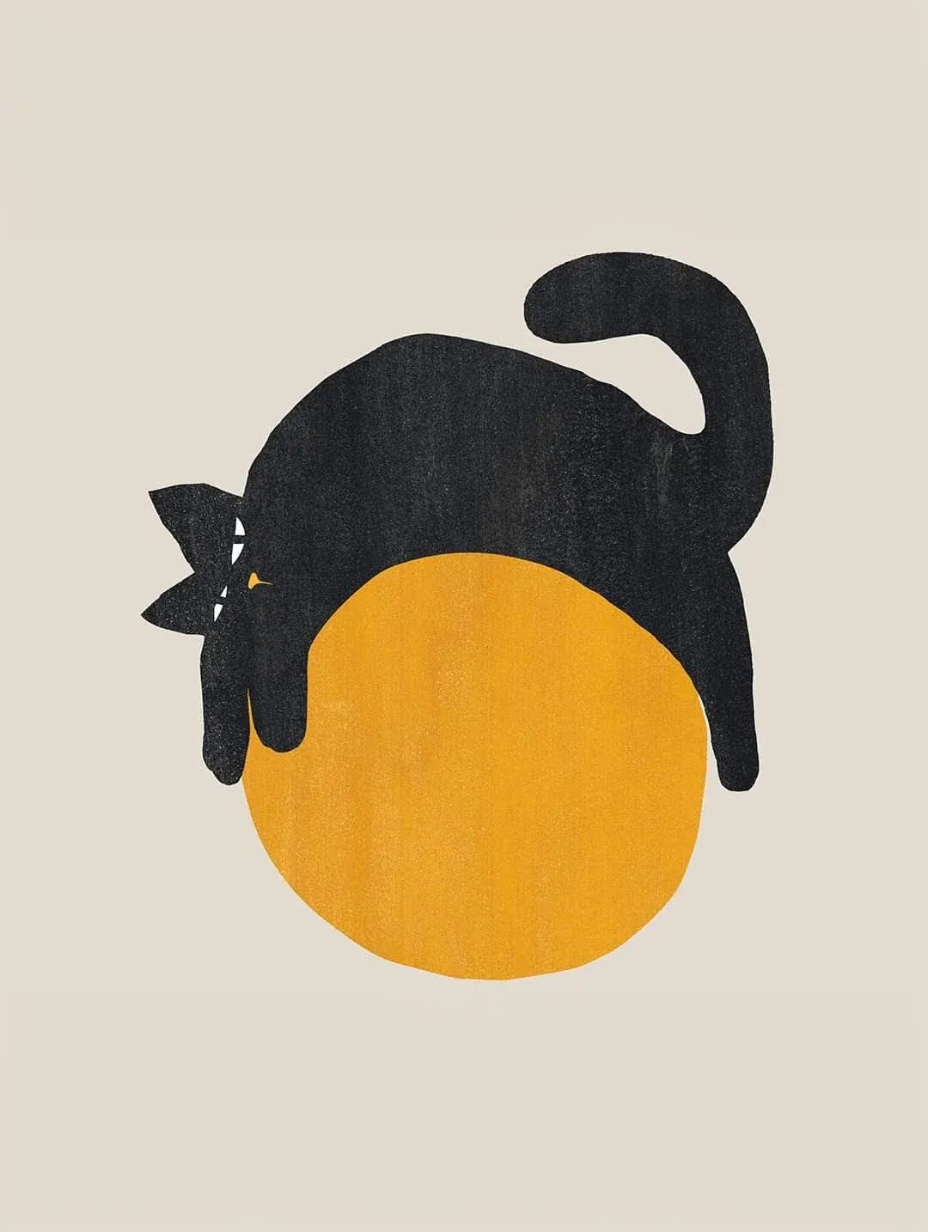 Black Cat and Orange Ball Illustrati