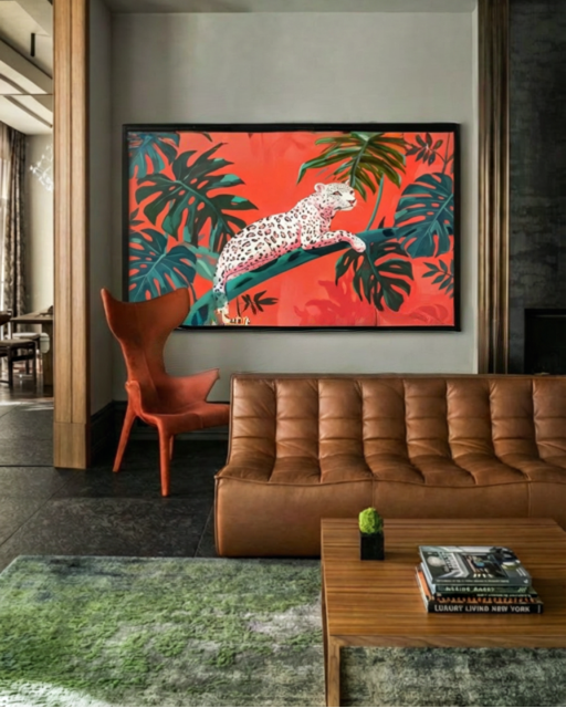 Snow Leopard in Red Tropical Jungle