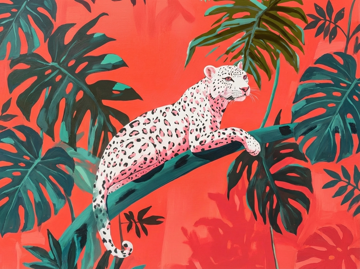 Snow Leopard in Red Tropical Jungle