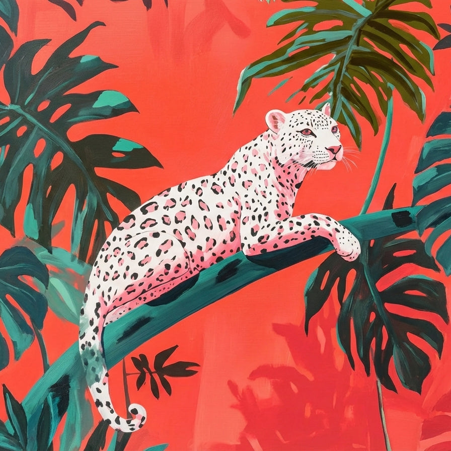 Snow Leopard in Red Tropical Jungle