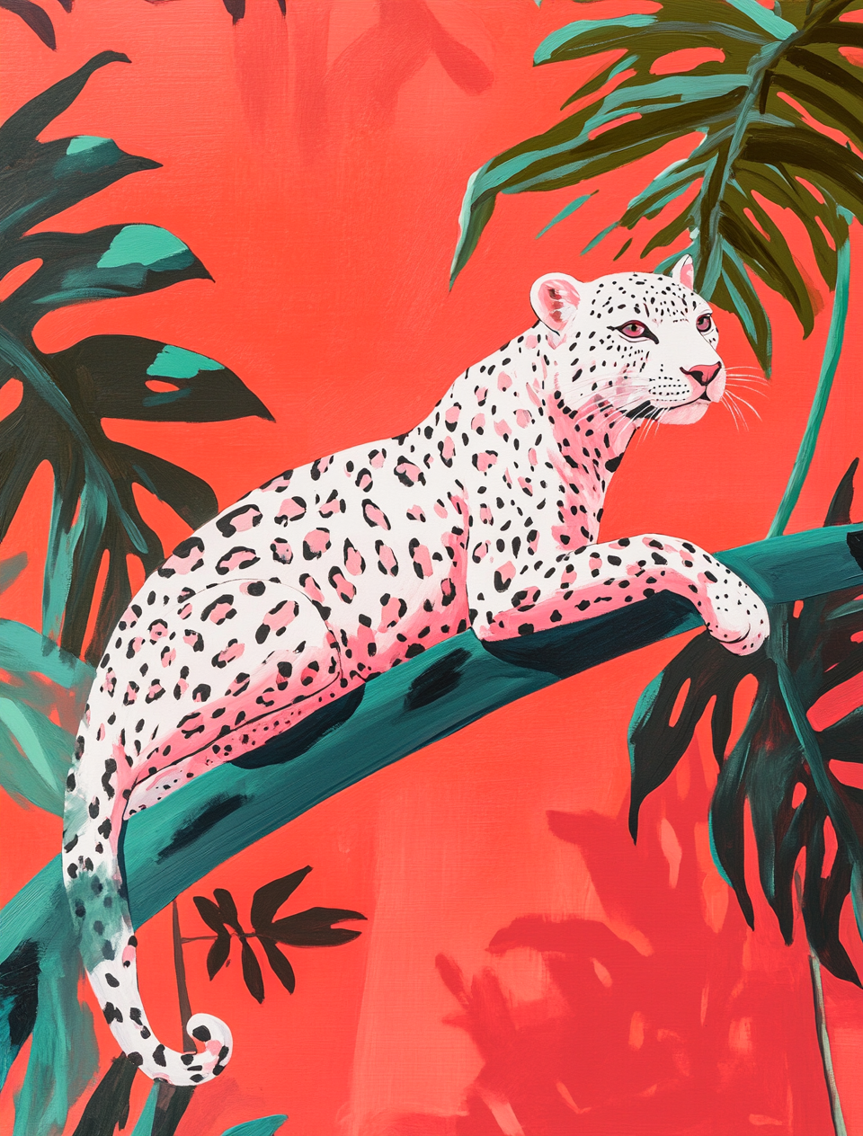 Snow Leopard in Red Tropical Jungle